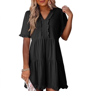 Women's V-neck short sleeve black tiered mini dress with ruffle trim and A-line silhouette