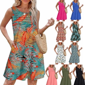 Vestito Casual da Donna Senza Maniche in Poliestere Girocollo con Pieghe Davanti Abito a Linea A con Tasche per Spiaggia