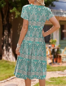 Detail of teal paisley print midi dress featuring short sleeves and smocked high waist