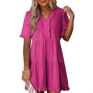 Women's V-neck hot pink short sleeve mini dress with ruffle details and tiered A-line skirt