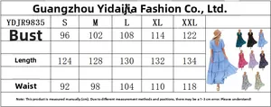 Size chart showing bust and length measurements for the ruffle sleeve printed maxi dress