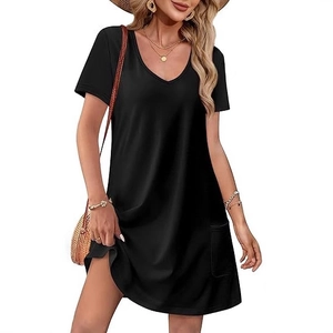 Women's black V-neck short sleeve dress with pockets for a casual summer holiday look