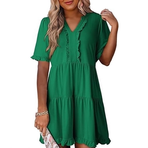 Women's green V-neck short sleeve A-line mini dress with layered ruffle hem detail