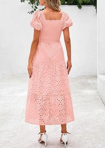 Detail of light pink puff sleeve dress with exquisite broderie anglaise embroidery