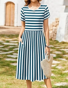 Close-up of a striped dress featuring a crew neck and practical side hidden pockets