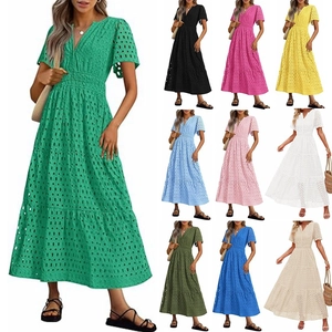 Abito Lungo da Donna Scollo a V Ricamo a Giorno Manica Corta in Cotone a Balze Elegante Tinta Unita Bohemien Vacanza Estiva Spiaggia
