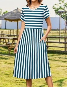 Detail showing contrast stripe patterns and functional side pocket on casual midi dress