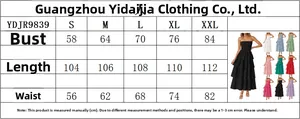 Detailed size chart for strapless tiered maxi dress showing bust and length measurements