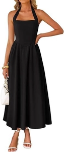 Detail view of a black sleeveless halter dress with a ruched waist and side pockets