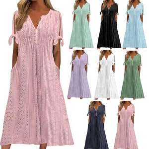 Women V Neck Eyelet Lace Midi Dress Button Down Short Sleeve With Bow Tie Pockets Casual Summer Holiday A-Line Solid Dress