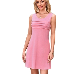 Abito rosa senza maniche da donna con pieghe, girocollo e tasche in stile casual a trapezio