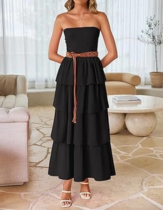 Detail of black strapless tiered maxi dress with a brown braided waist belt