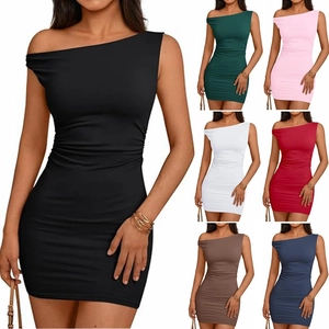 Women Sexy One Shoulder Ruched Bodycon Mini Dress Sleeveless Solid Color Elegant Party Clubwear Slim Fit Polyester Gown