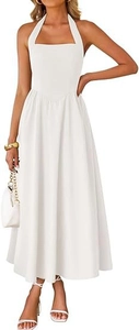 Close-up of white halter neck sleeveless midi dress with pleated waist and A-line skirt