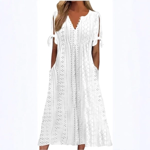 White eyelet cotton V-neck midi dress with button front and knotted short sleeves