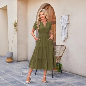 Olive green V-neck tiered midi dress with puff sleeves and elastic waist for women