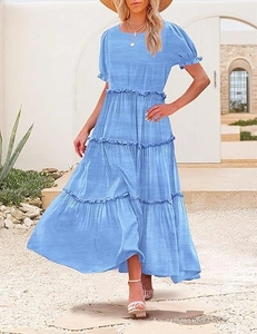 Close-up of sky blue tiered floral dress with puff sleeves and textured ruffle hem details