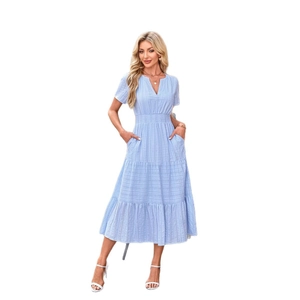 Light blue V-neck tiered mini dress with puff sleeves and convenient side pockets