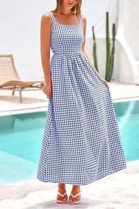 Detailed view of blue gingham long dress featuring spaghetti straps and square neckline
