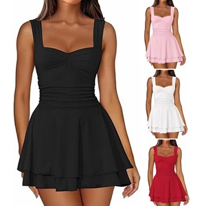 Robe Courte Sexy pour Femme Col Carré Sans Manches Froncée Ourlet à Étages Taille Haute Polyester Couleur Unie Fête Robe d'Été