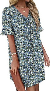 Dettaglio scollo a V e maniche a balze su abito in chiffon floreale blu da donna