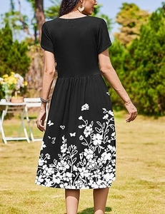 Rear view of black A-line dress featuring white floral prints and butterfly patterns