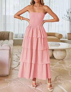Detail of pink tiered maxi dress with ruched elastic bodice and layered chiffon skirt