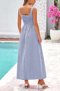 Detail of smocked elastic back on blue gingham square neck maxi dress with thin straps