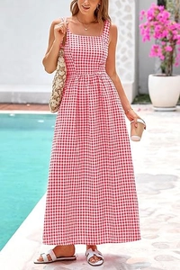 Detail of red and white gingham maxi dress with square neck and ruched waistline