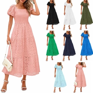 Women Square Neck Puff Sleeve Eyelet Embroidery Smocked Tiered Maxi Dress Casual Vacation Cotton Boho Elegant Long Dress