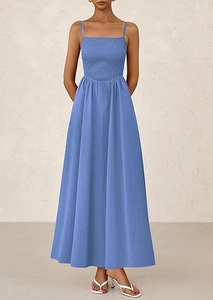 Close-up of blue-grey summer maxi dress featuring thin straps and smocked bodice detail
