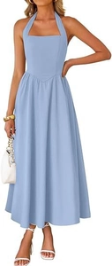 Detail of light blue halter neck dress featuring high waist and elegant pleated skirt