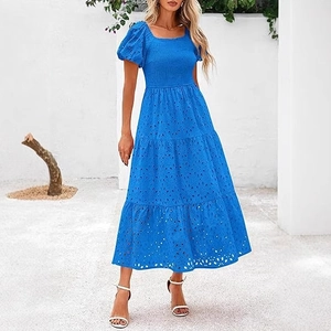 Bright blue square neck midi dress with puff sleeves and smocked eyelet detail