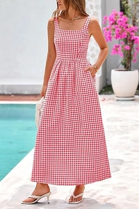 Detail of red gingham maxi dress featuring side pockets and elegant square neckline