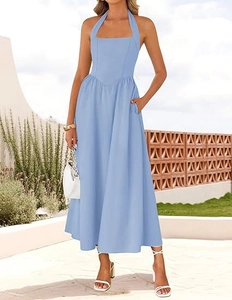 Detail of light blue halter maxi dress showing the side hidden pocket and elegant A-line cut