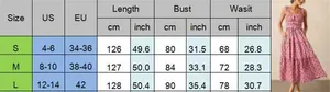 Detailed sizing guide table for floral long dress with measurements in cm and inches