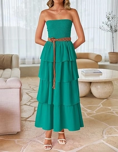 Detail of teal tiered maxi dress with ruched bodice and woven brown waist belt
