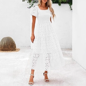 Elegant white square neck puff sleeve dress with floral embroidery and tiered skirt layers