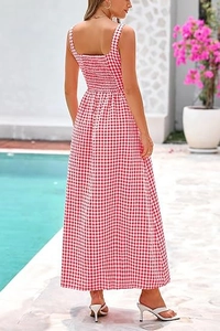 Detail of smocked back and spaghetti straps on red gingham check maxi dress
