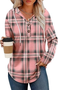 Detail of pink and grey plaid hoodie featuring V-neck buttons and white drawstrings