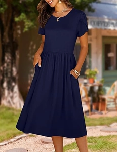 Detailed side view of navy blue midi dress featuring ruffle sleeves and side pockets