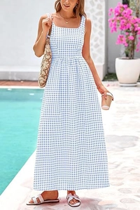 Detail of square neck and blue gingham pattern on this summer maxi vacation dress