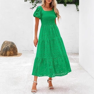 Emerald green eyelet embroidery smocked midi dress with puff sleeves and square neckline