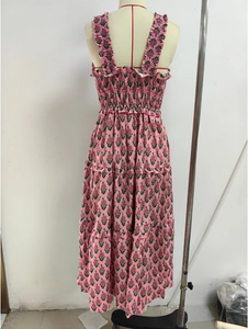 Detail of floral back design with elastic shirring and ruffled straps on pink maxi dress