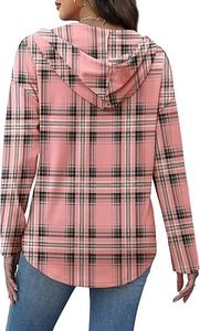 Back view of a women's hooded sweatshirt with a pink and grey plaid pattern design
