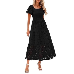 Elegant black square neck puff sleeve eyelet embroidery tiered midi dress for women