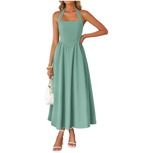 Sage green sleeveless halter neck maxi dress with high waist and A-line skirt