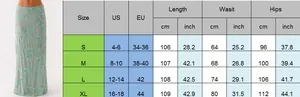 Size chart showing S-XL measurements for sequin floral embroidery bodycon maxi skirt