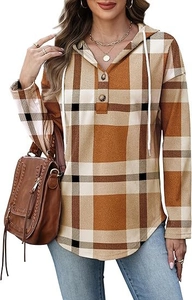Detail view of V-neck buttons and drawstring hood on plaid long sleeve hoodie