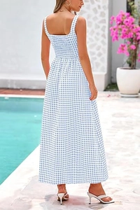 Detail of smocked elastic back on blue gingham maxi dress with square neckline